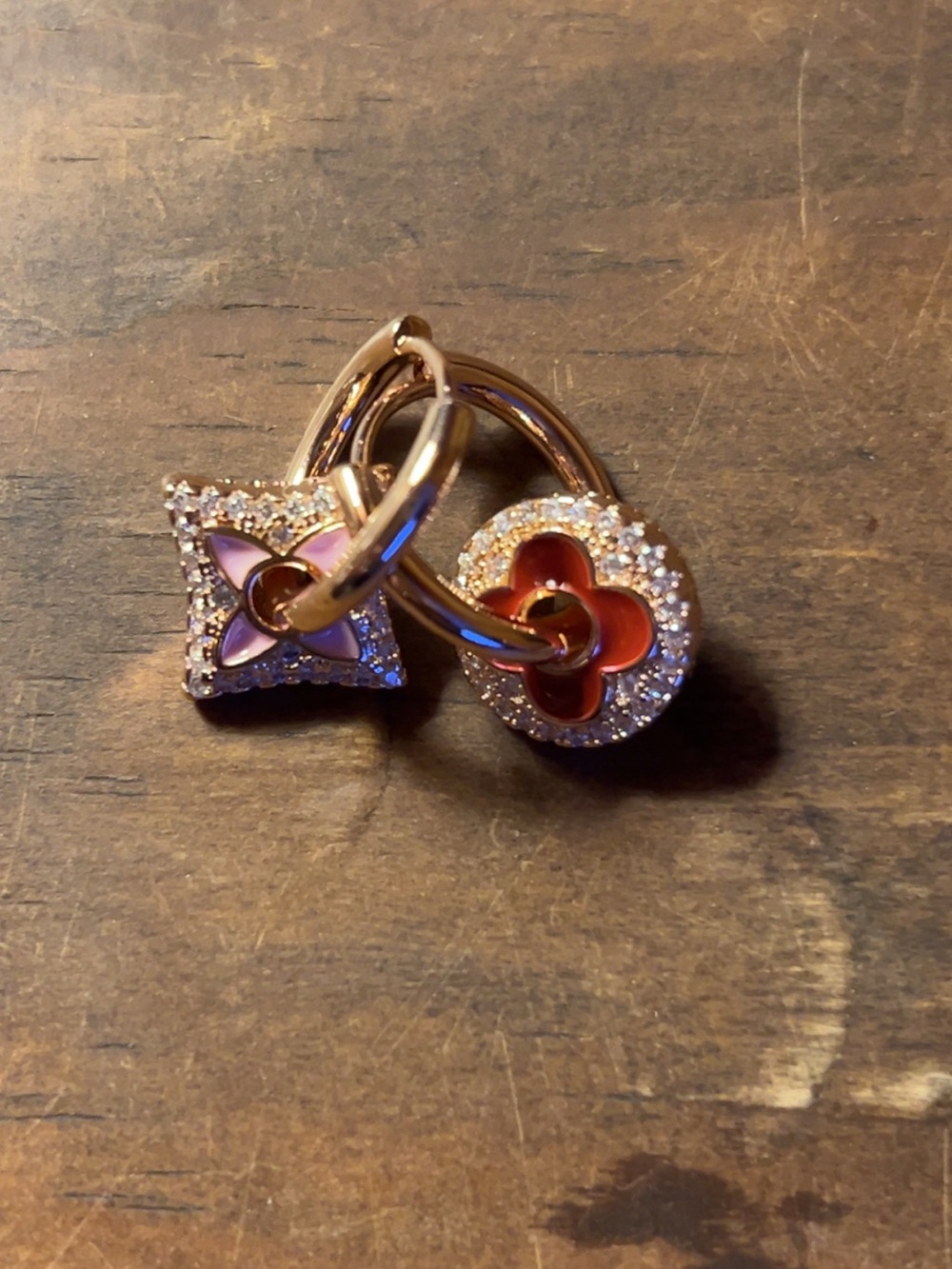 Rose Gold Pink Enamel Charm Hoop Earrings with Crystal Accents